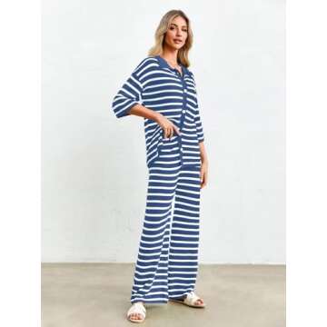 Tankaneo Womens Knit 2 Piece Lounge Sets Striped Short Sleeve Tops and Wide Leg Pants Travel Airport Vacation Outfits Navy