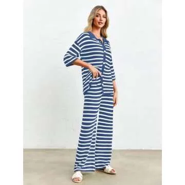 Tankaneo Womens Knit 2 Piece Lounge Sets Striped Short Sleeve Tops and Wide Leg Pants Travel Airport Vacation Outfits Navy
