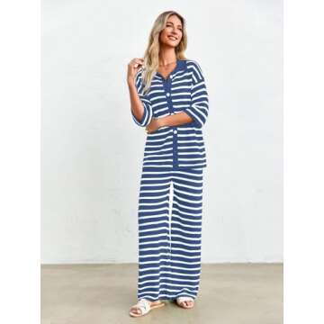 Tankaneo Womens Knit 2 Piece Lounge Sets Striped Short Sleeve Tops and Wide Leg Pants Travel Airport Vacation Outfits Navy