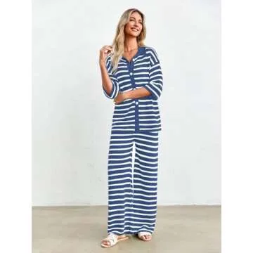 Tankaneo Womens Knit 2 Piece Lounge Sets Striped Short Sleeve Tops and Wide Leg Pants Travel Airport Vacation Outfits Navy