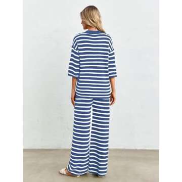 Tankaneo Womens Knit 2 Piece Lounge Sets Striped Short Sleeve Tops and Wide Leg Pants Travel Airport Vacation Outfits Navy