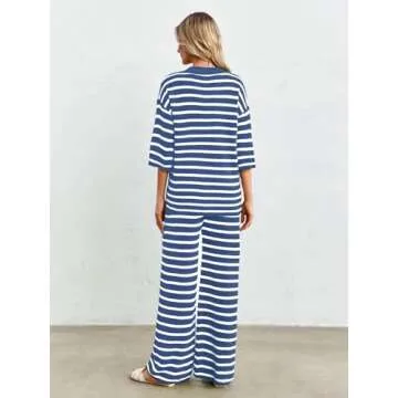 Tankaneo Womens Knit 2 Piece Lounge Sets Striped Short Sleeve Tops and Wide Leg Pants Travel Airport Vacation Outfits Navy