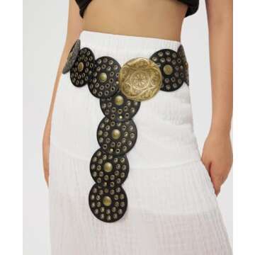 WULIQIUQIU Wide Disc Belt for Women Boho Concho Leather Belts Vintage Western Waist Belt