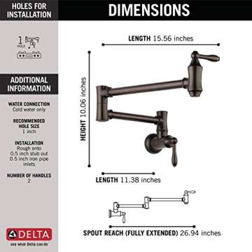 Delta Faucet Traditional Oil Rubbed Bronze Pot Filler Faucet, Delta Pot Filler Oil Rubbed Bronze, Farmhouse Pot Filler Faucet Wall Mount, Potfiller, Brass Construction, Venetian Bronze 1177LF-RB