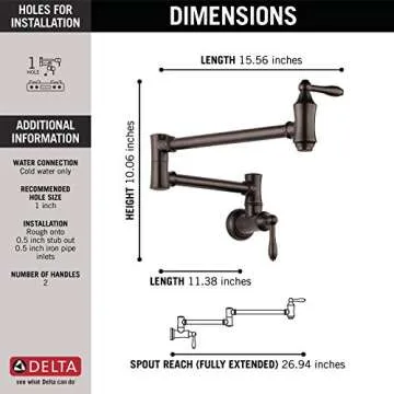Delta Faucet Traditional Oil Rubbed Bronze Pot Filler Faucet, Delta Pot Filler Oil Rubbed Bronze, Farmhouse Pot Filler Faucet Wall Mount, Potfiller, Brass Construction, Venetian Bronze 1177LF-RB