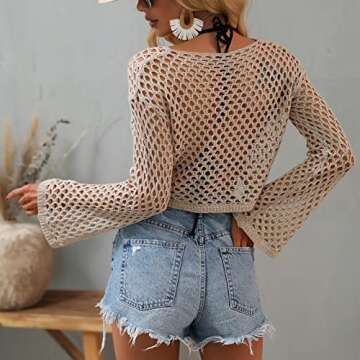 Shiyifa Women's Sexy See Through Hollow Out Crop Top Crew Neck Mesh Crochet Knitted Beach Bikini Cov...