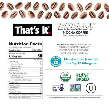 That’s it. Organic Energy Coffee Mini Bars - (1 Mini Bar = 1 Cup of Coffee) Grab and Go, No Added Sugars, Non-GMO, Caffeine Power Snack, Kosher, Allergy Friendly (Mocha Coffee - 15 Count)