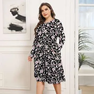 Stylish Poseshe Plus Size Long Sleeve Dress with Pockets