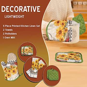 Lobyn Value Packs: Bright Sunflower 5-Piece Kitchen Set – 2 Soft Terry Dish Towels and 2 Quilted Potholders & 1 Oven Mitt for Everyday Use