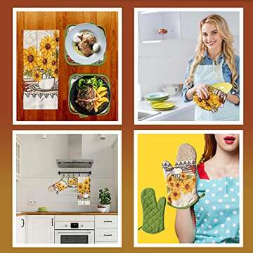 Lobyn Value Packs: Bright Sunflower 5-Piece Kitchen Set – 2 Soft Terry Dish Towels and 2 Quilted Potholders & 1 Oven Mitt for Everyday Use