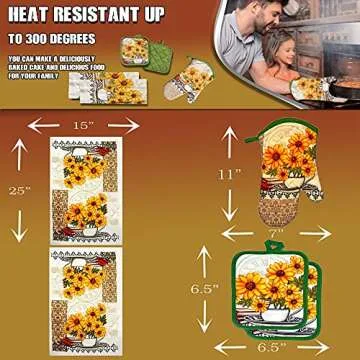 Lobyn Value Packs: Bright Sunflower 5-Piece Kitchen Set – 2 Soft Terry Dish Towels and 2 Quilted Potholders & 1 Oven Mitt for Everyday Use