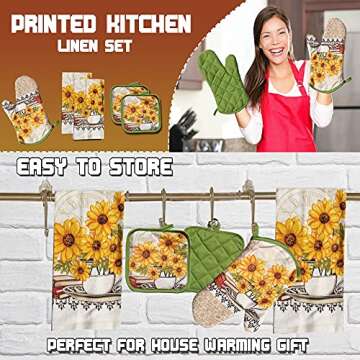 Lobyn Value Packs: Bright Sunflower 5-Piece Kitchen Set – 2 Soft Terry Dish Towels and 2 Quilted Potholders & 1 Oven Mitt for Everyday Use