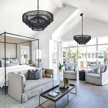 ELYCCUPA 20” Hand-Woven Rattan Chandelier 6-Lights Transitional Minimalist 4 Round Boho Large Pendant Light for Kitchen Island Dining Room Living Room Hallway, Matte Black, UL Listed