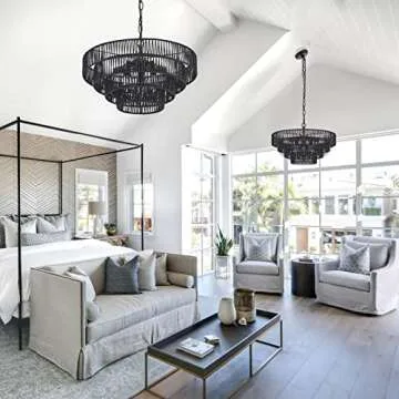 ELYCCUPA 20” Hand-Woven Rattan Chandelier 6-Lights Transitional Minimalist 4 Round Boho Large Pendant Light for Kitchen Island Dining Room Living Room Hallway, Matte Black, UL Listed