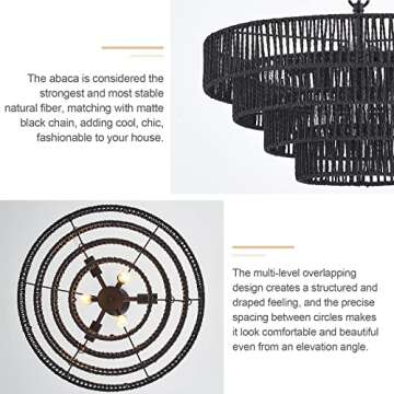 ELYCCUPA 20” Hand-Woven Rattan Chandelier 6-Lights Transitional Minimalist 4 Round Boho Large Pendant Light for Kitchen Island Dining Room Living Room Hallway, Matte Black, UL Listed