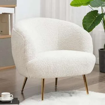 HEAH-YO Faux Fur Modern Barrel Shape Leisure Accent Chair with Golden Metal Legs, Upholstered Lounge Armchair Vanity Chair for Living Room, Entryway, Bedroom, Creamy-White
