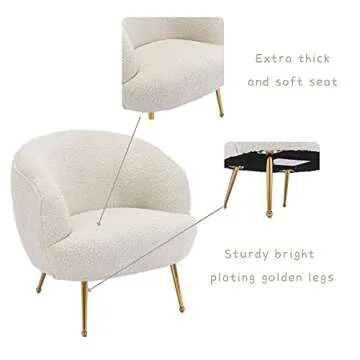 HEAH-YO Faux Fur Modern Barrel Shape Leisure Accent Chair with Golden Metal Legs, Upholstered Lounge Armchair Vanity Chair for Living Room, Entryway, Bedroom, Creamy-White