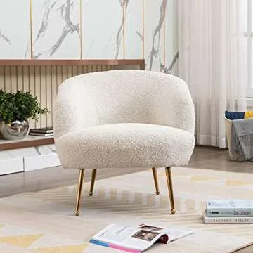 HEAH-YO Faux Fur Modern Barrel Shape Leisure Accent Chair with Golden Metal Legs, Upholstered Lounge Armchair Vanity Chair for Living Room, Entryway, Bedroom, Creamy-White