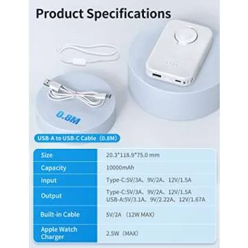 RORRY Portable Charger for iPhone and Apple Watch,10000mAh Fast Charging Power Bank with Built-in Cables, Compatible with Apple Watch 9/Ultra2/8/Ultra/7/6/Se/5/4/3/2/, iPhone 16/15/14/13/12/11