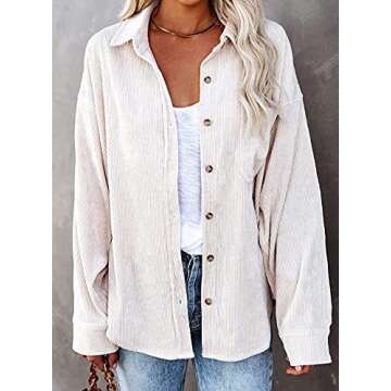 Womens Corduroy Button Down Shacket Casual Long Sleeve Shirt Jacket Oversized Blouses Tops Beige
