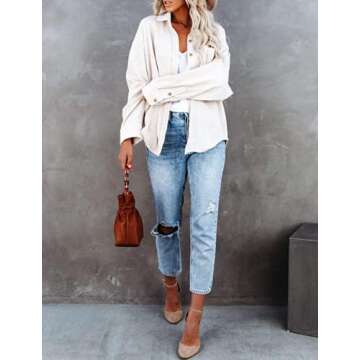 Womens Corduroy Button Down Shacket Casual Long Sleeve Shirt Jacket Oversized Blouses Tops Beige