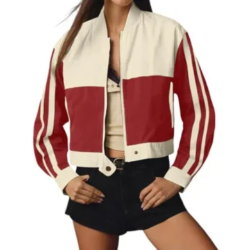 Tankaneo Womens Crop Bomber Jackets Long Sleeve Color Block Zip Up Casual Coats with Pockets