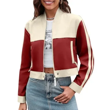 Tankaneo Womens Crop Bomber Jackets Long Sleeve Color Block Zip Up Casual Coats with Pockets