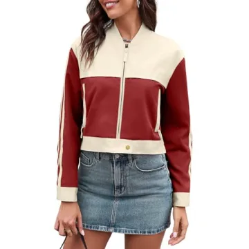 Tankaneo Womens Crop Bomber Jackets Long Sleeve Color Block Zip Up Casual Coats with Pockets