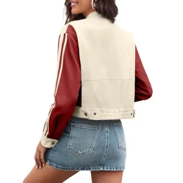 Tankaneo Womens Crop Bomber Jackets Long Sleeve Color Block Zip Up Casual Coats with Pockets