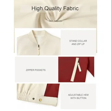 Tankaneo Womens Crop Bomber Jackets Long Sleeve Color Block Zip Up Casual Coats with Pockets