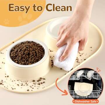 1.5Cup Pet Bowl with Mat Set, 2 Ceramic Dog Bowls for Small Size Dog, Non-slip Waterproof Silicone Dog Feeding Mat, Puppy Dog Food Bowl, Dog Supplies, Pet Accessories, BPA Free——Beige