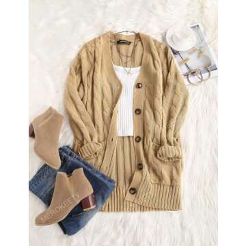 MEROKEETY Women's 2024 Fall Long Sleeve Cable Knit Sweater Open Front Cardigan Button Loose Outerwear Khaki