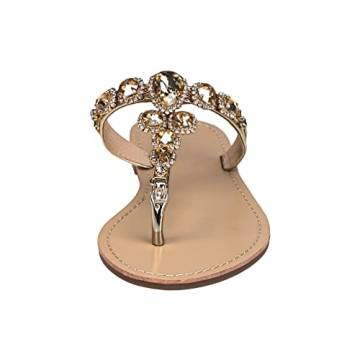 LAMHER Women's Bling Rhinestone Bohemia Diamond Slip On Flat Casual Summer Beach Comfort Flip Flops Sandals slong2104-01gold7