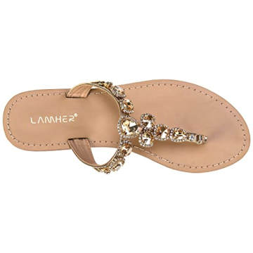 LAMHER Women's Bling Rhinestone Bohemia Diamond Slip On Flat Casual Summer Beach Comfort Flip Flops Sandals slong2104-01gold7