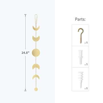 Mkono Moon Phase Wall Hanging Metal Boho Home Decor Vertical Chic Moon Garland for Dorm Nursery Bedroom Living Room Apartment Office, Decorative Wall Art for Girls Mom, Gold