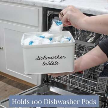 AuldHome Design Dishwasher Pod Holder, Tablet Container; White Enamelware Rustic Kitchen Storage Tin w/Lid