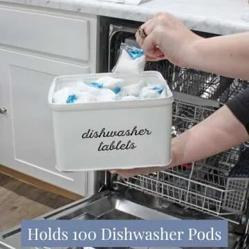 AuldHome Design Dishwasher Pod Holder, Tablet Container; White Enamelware Rustic Kitchen Storage Tin w/Lid