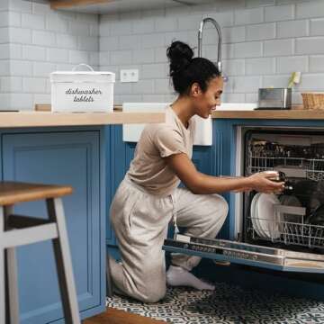 AuldHome Design Dishwasher Pod Holder, Tablet Container; White Enamelware Rustic Kitchen Storage Tin w/Lid