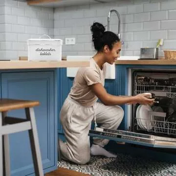 AuldHome Design Dishwasher Pod Holder, Tablet Container; White Enamelware Rustic Kitchen Storage Tin w/Lid