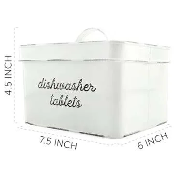 AuldHome Design Dishwasher Pod Holder, Tablet Container; White Enamelware Rustic Kitchen Storage Tin w/Lid