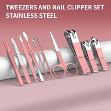 ZIZZON Travel Mini Manicure Set Nail Clipper Set 10 in 1 Stainless Steel Pedicure Care Grooming kit with Case Pink