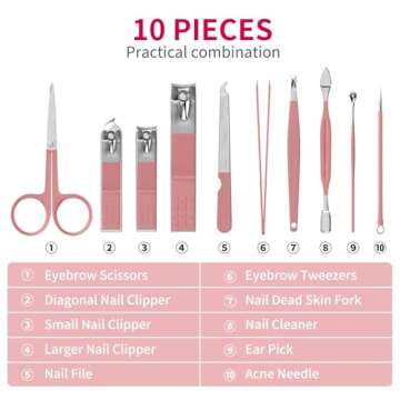 ZIZZON Travel Mini Manicure Set Nail Clipper Set 10 in 1 Stainless Steel Pedicure Care Grooming kit with Case Pink