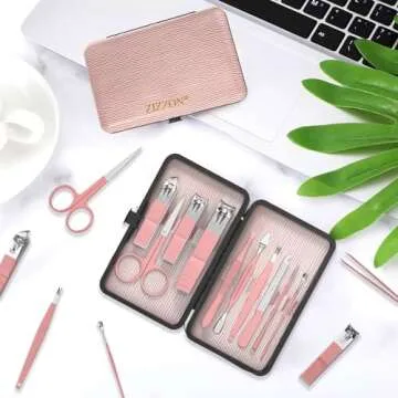 ZIZZON Travel Mini Manicure Set Nail Clipper Set 10 in 1 Stainless Steel Pedicure Care Grooming kit with Case Pink