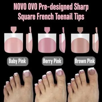 NOVO OVO French Tip Toe Nail Tips Press on, Sharp Square Pre-Designed Soft Gel False Toenail Extension, BABY PINK Pre-applied Tip Primer & Base Coat, Full Cover Acrylic for DIY x 15 Sizes 240 pcs