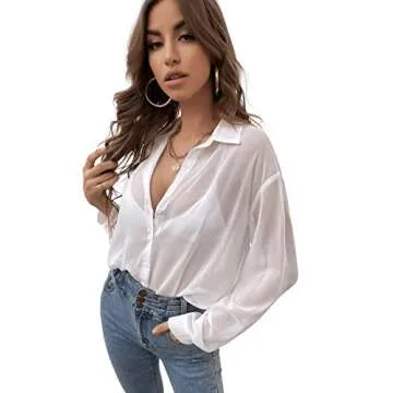 Stylish Verdusa Women's Sheer Button Down Shirt Top