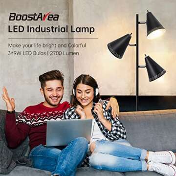 Industrial Floor Lamp,Standing Pole Lamp,3pcs 9W LED Farmhouse Floor Lamp,3-Color Temperature,Adjust...
