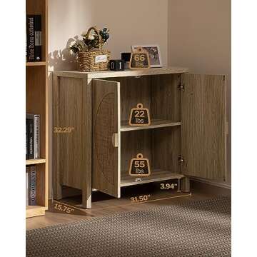 SICOTAS Rattan Buffet Cabinet Set of 2, Accent Sideboard Storage Cabinet with Adjustable Shelves, Bo...