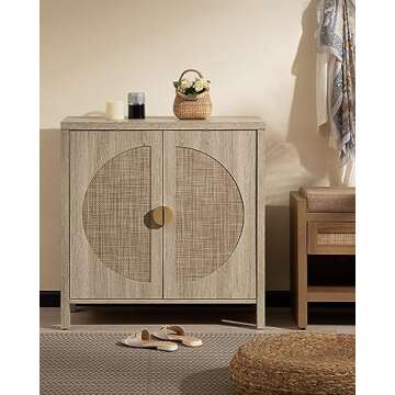 SICOTAS Rattan Buffet Cabinet Set of 2, Accent Sideboard Storage Cabinet with Adjustable Shelves, Boho Credenza Console Table for Dining Room, Living Room, Entryway, Kitchen, Natural