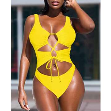 Viottiset Women's Sexy Cutout One Piece Cheeky Lace Up Swimsuit High Cut Bathing Suit Yellow Small