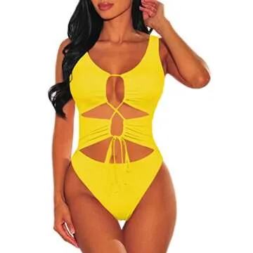 Viottiset Women's Sexy Cutout One Piece Cheeky Lace Up Swimsuit High Cut Bathing Suit Yellow Small